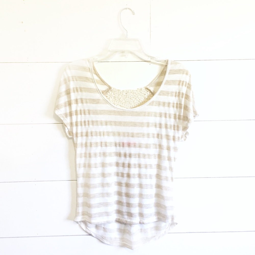 tan and white striped crochet-back top